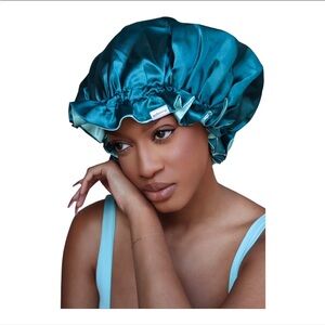 Teal Dream Satin Bonnet, Double Layered with Ruffle Trim